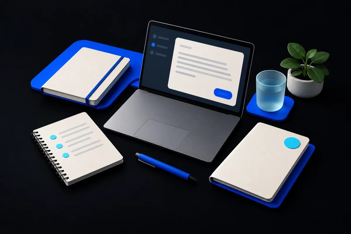 Drie notitieblokken en één laptop liggen klaar voor een praktische uitleg aan een werktafel.