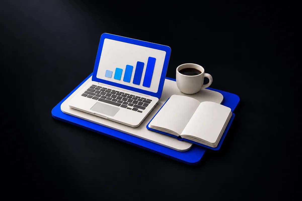 Een eenvoudige werkplek met laptop, open notitieboek en een kop koffie.