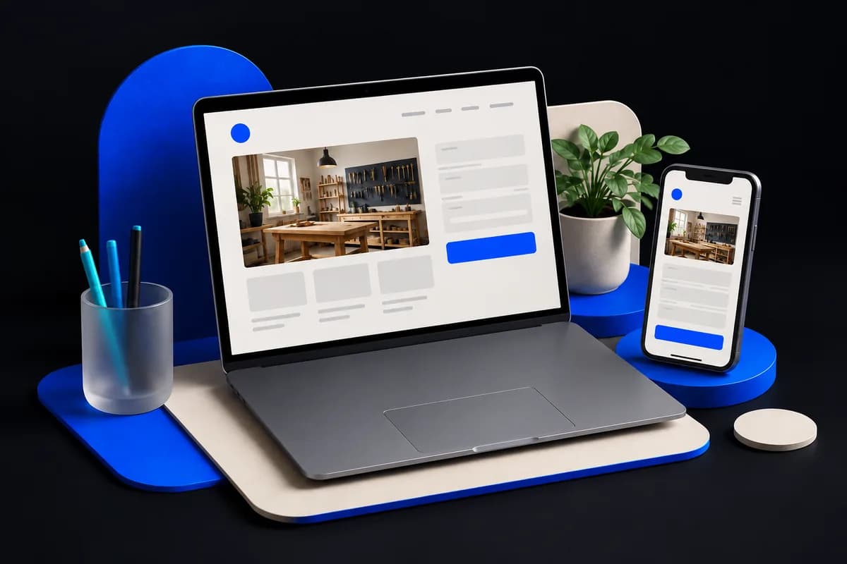 Een laptop en telefoon tonen dezelfde eenvoudige website met een contactformulier.