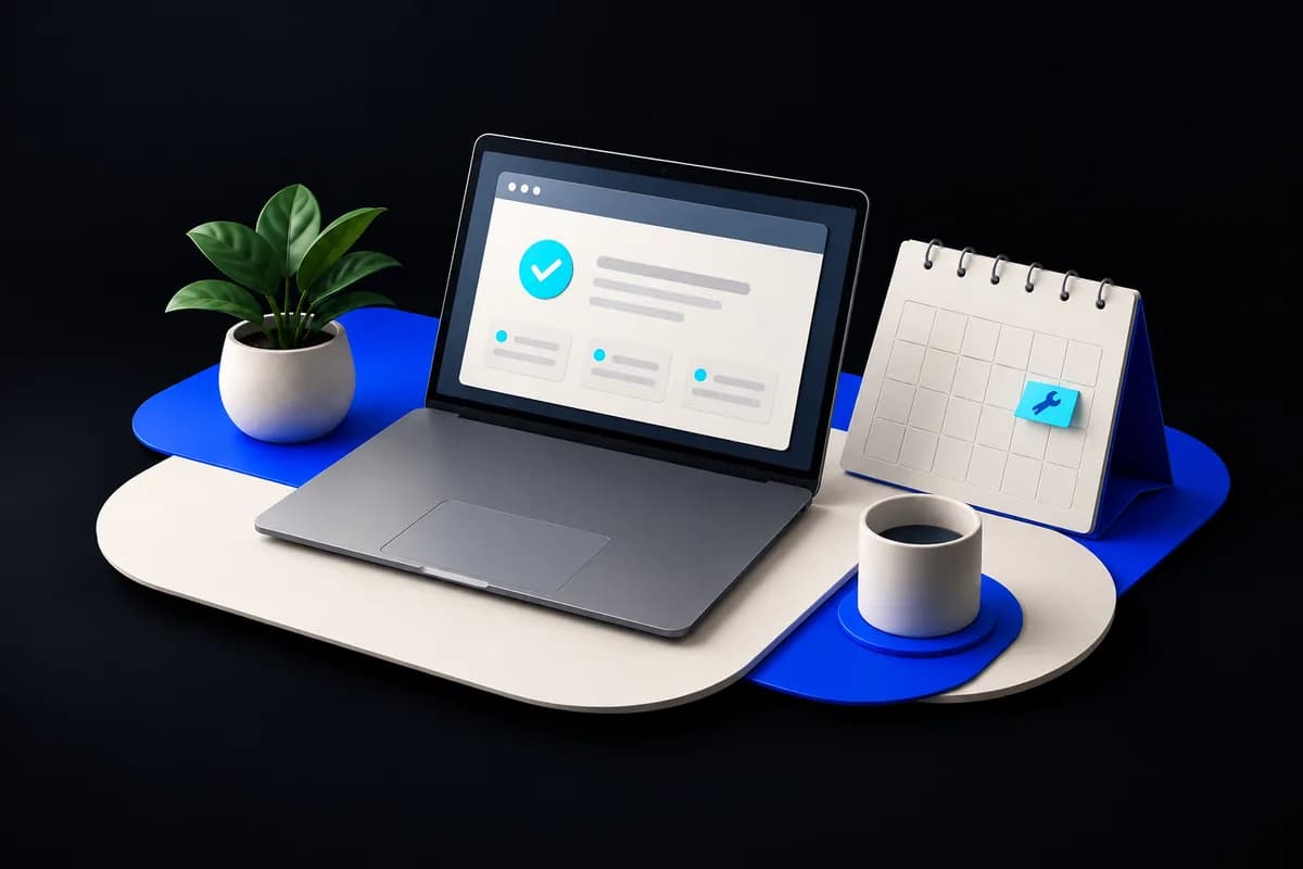 Een laptop met een rustige statuscontrole staat naast een onderhoudskalender.