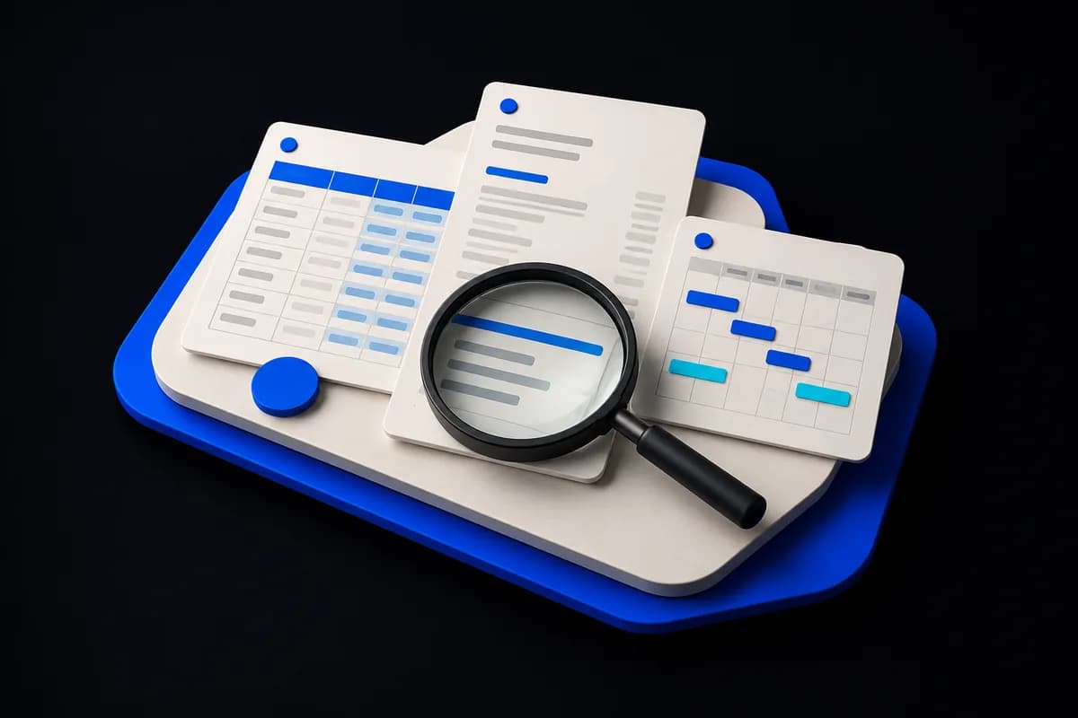 Een spreadsheet, factuur en planningskaart liggen naast elkaar voor controle.