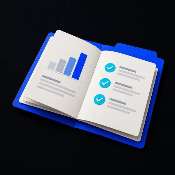 Een kort rapport met een grafiek en afgevinkte controlepunten op een blauwe map.