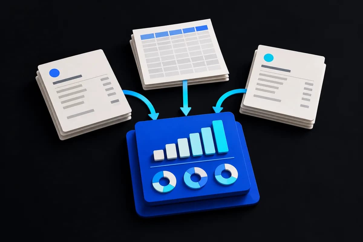Spreadsheets en facturen komen samen in één gelaagd overzicht met grafieken.