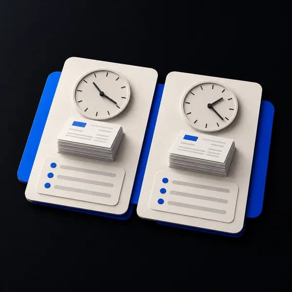 Twee tijdkaarten en gelijke stapels administratie maken een vergelijking voor en na mogelijk.